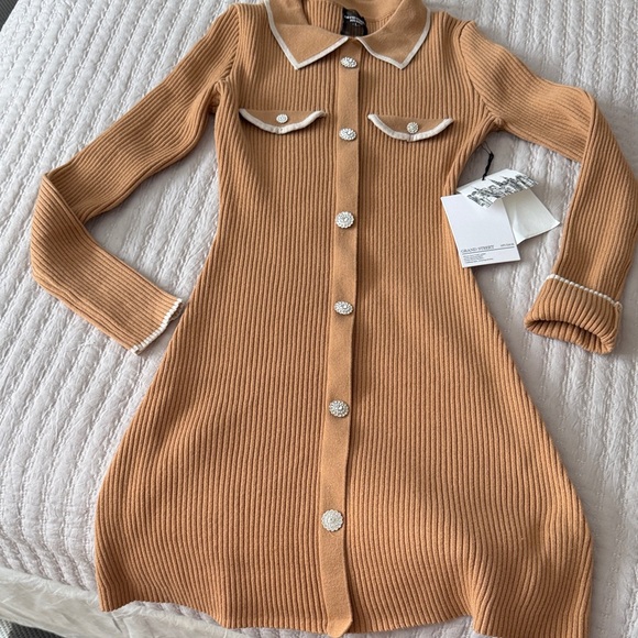Classic Tan Button-Up Knit Dress w/ Rhinestone Buttons Lg NWT ❤️ - Picture 8 of 11